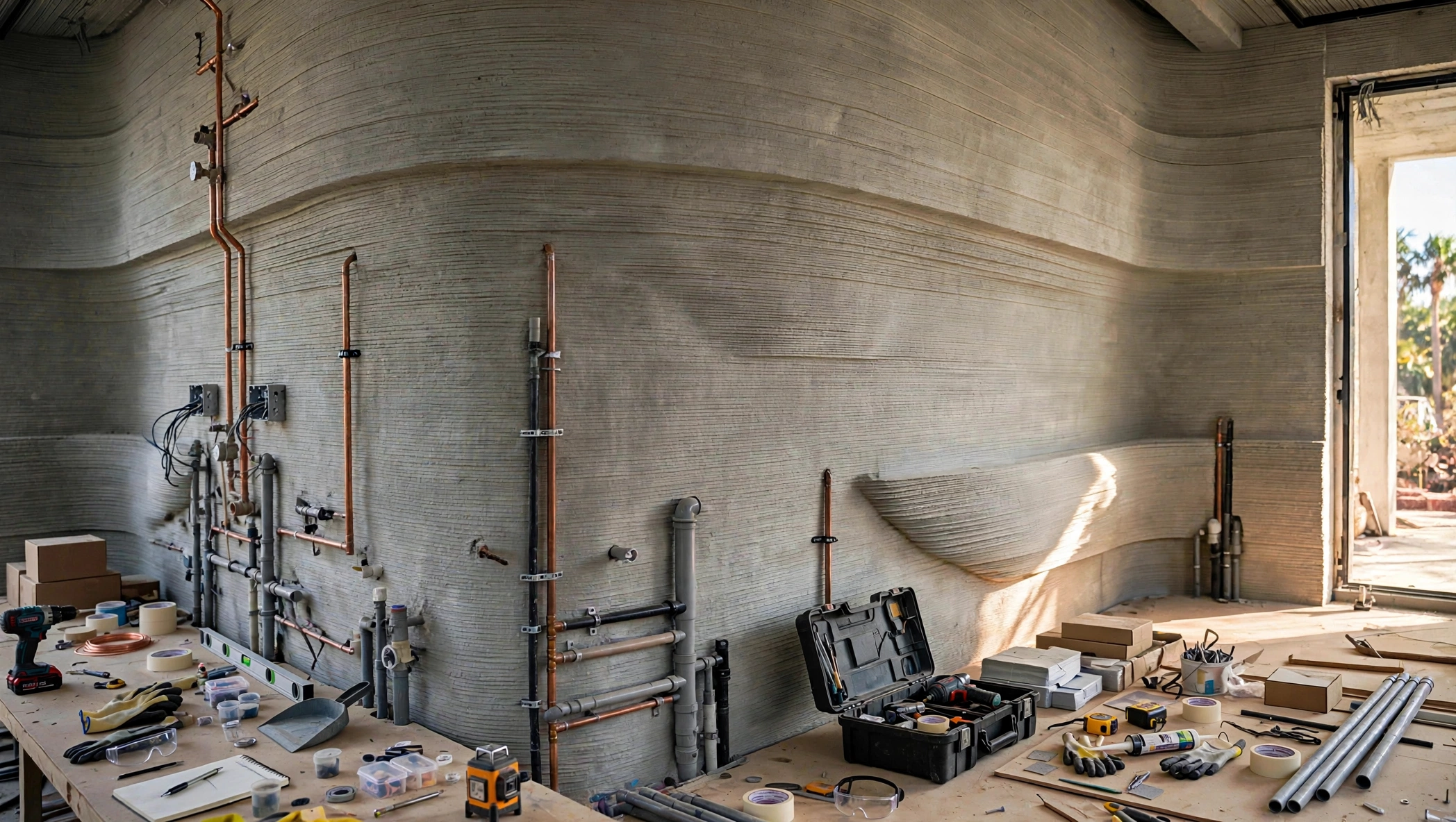 A curved 3D-printed concrete wall during fit-out — every printed layer line running seamlessly across the wall, copper plumbing and electrical boxes installed along the left side, tools spread across the work tables below, and a doorway opening to the desert garden on the right