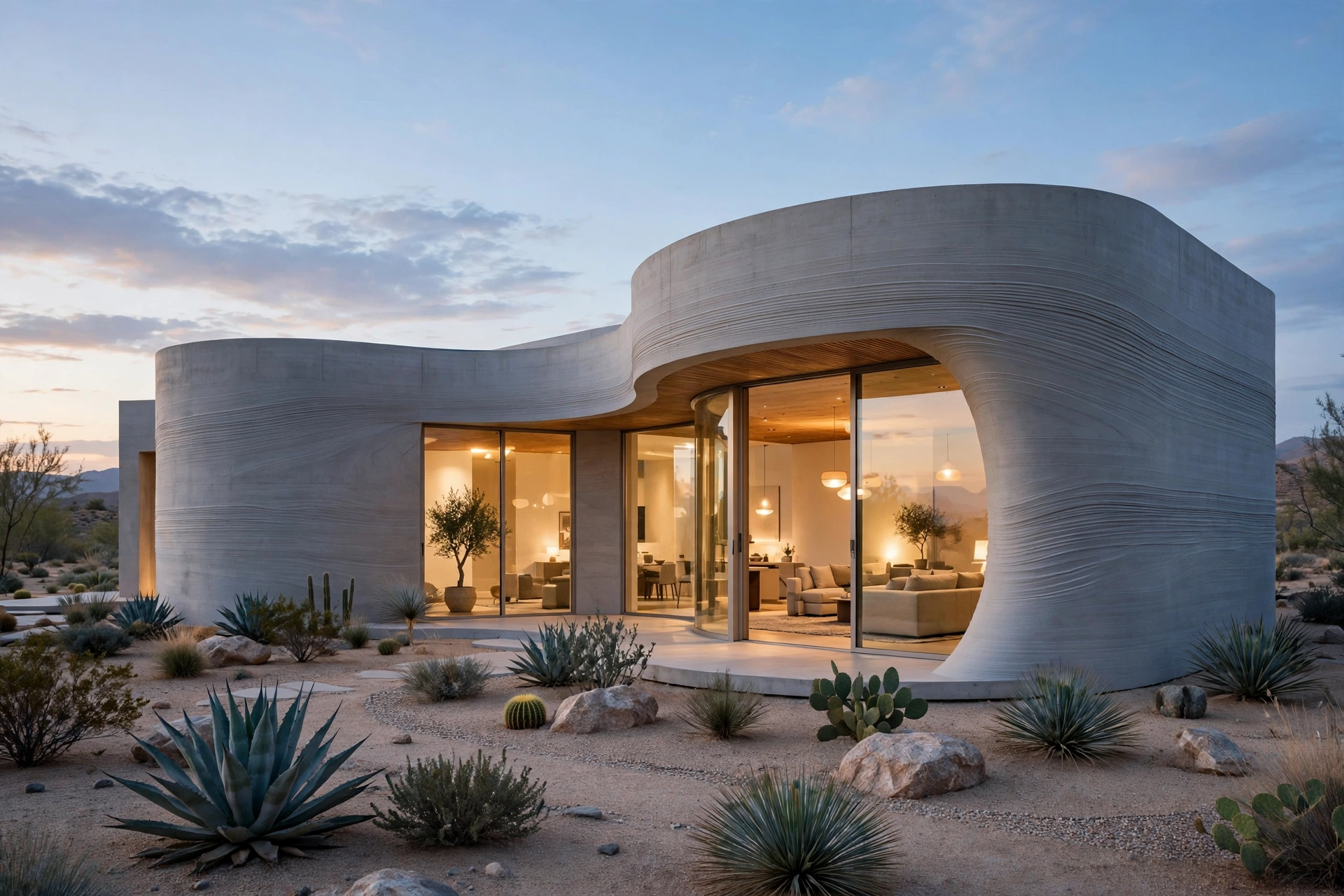 An elegant 3D-printed home at dusk, its curved concrete walls showing fine horizontal print layers, glass walls glowing warmly above a desert garden